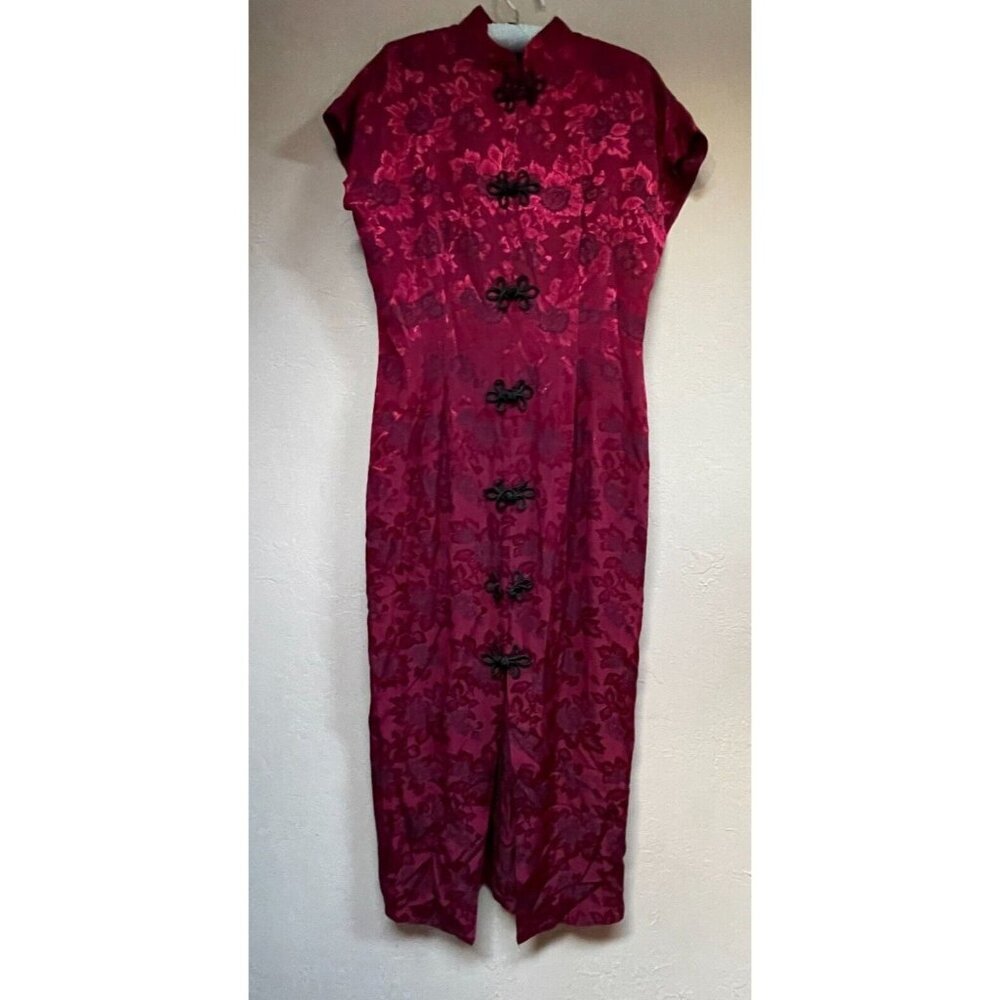 Vintage LA Belle Chinese Knot Buttons Frog Jacquard Floral Maxi Dress Sz 13 Red